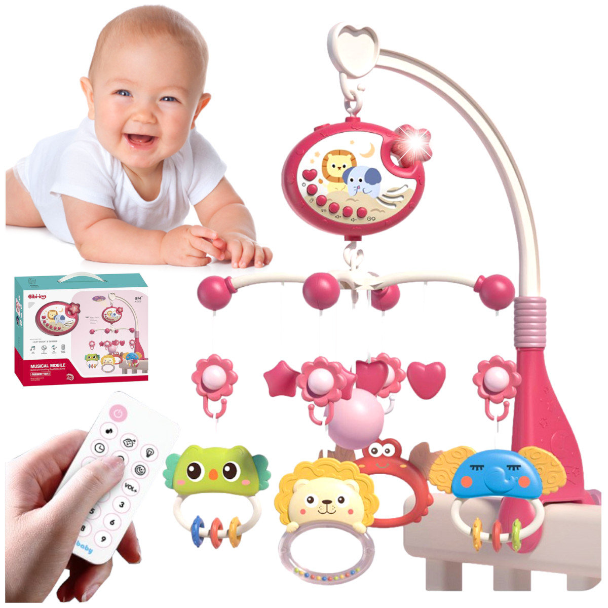 Karuzela Do Łóżeczka 400 Melodii Projektor + Pilot  Różowy U863R